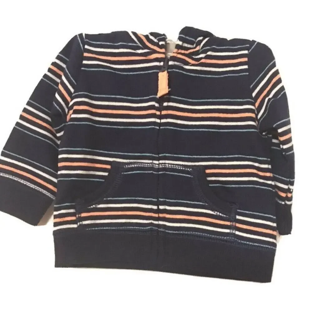 NWT Carters New Born Baby Unisex Stripes Blue Jacket Hoodie Front full Zipper